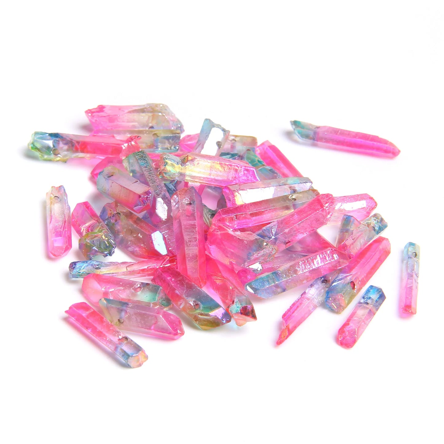 10-30 Pieces Natural Pink Quartz Point Beads 13-30 mm*3-8 mm Top Drilled Stick Plated Crystal Beads For DIY Graduated Pendant