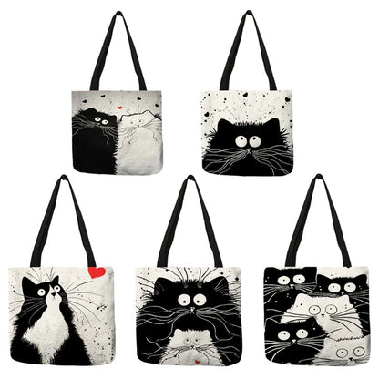 Customized Tote Shopping Bag Cute Cat Printing Women Handbag Linen Totes with Print Logo Casual Traveling Beach Bags handbag tote