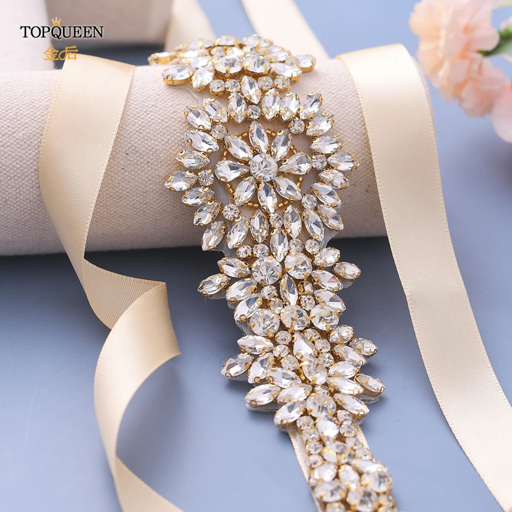 TOPQUEEN S319-G Plus Size Bridal Gowns Belts Golden Belts for Women Rhinestones Belt Girlfriend Luxury Ribbon Belt Wedding Sash