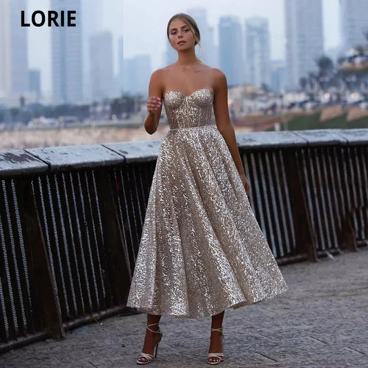 LORIE Glitter Sequin Lace Prom Dresses Sweetheart A-Line Short Prom Gowns Open Back Sleeveless Tea-Length Formal Party Gowns