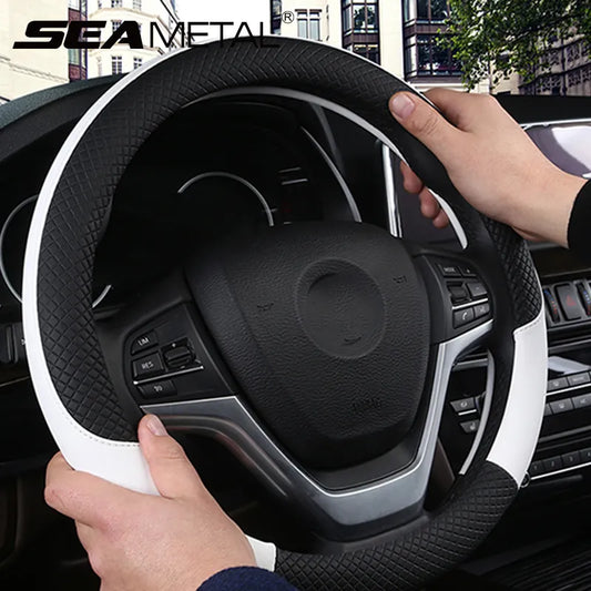 SEAMETAL Leather Car Steering-wheel Cover 38CM Car Sport Style Auto Steer Wheel Covers Anti-Slip Anti Scratch Steering Cover