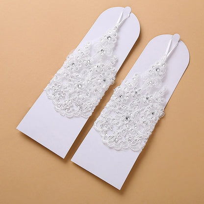 1 Pair White/Red/Beige Bridal Gloves Elegant Short Paragraph Rhinestone White Lace Glove Beautiful Wedding Accessories