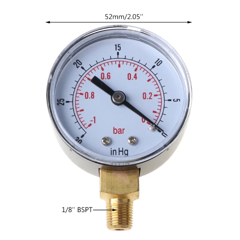 Vacuum Pressure Gauge 52mm -1/0 Bar -30\" Hg 1/8 BSPT Bottom Connection Monitor