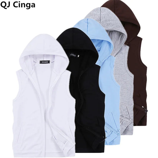 2023 Summer Hooded Sleeveless Jacket Men Large Size S-5XL Black Blue White Gray Zipper Control Mens Casual Jacket Slim Fit Tops