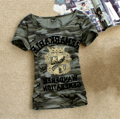 Summer Army Camouflage tshirt Women Letter Crown Printed T-shirts Stretch Military Uniform Big Size 5XL Casual Tee Tops Clothes