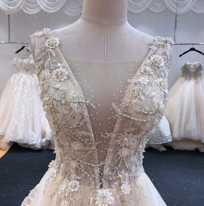 SL-6254 Gorgeous Appliques Court Train A-Line V-neck Wedding Dresses Luxury Beaded Backless Bridal Gown vestido de noiva