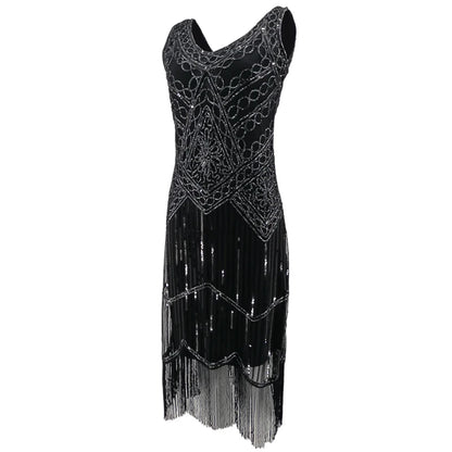 Women Party Dress Robe Charleston 1920s Great Gatsby Flapper Sequin Fringe Midi Dress Vestido Summer Retro Black Dress