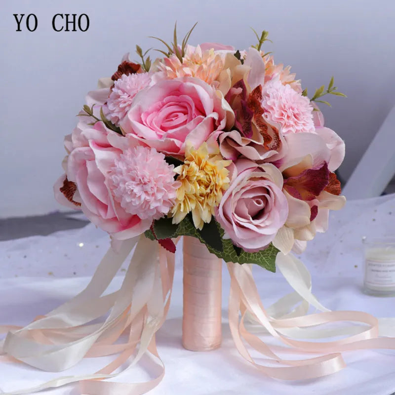 YO CHO Bridal Flower Bouquet Wedding Supplies Artificial Silk Rose Peony Flower Wedding Bouquet Dahlia Orchid Quality Bouquets