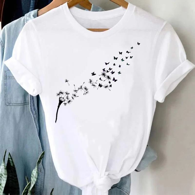 Maycaur Women Graphic Cartoon Dandelion Print T Shirt Short Sleeve Ladies Print Clothes Lady Tees Tops Female Womens T Shirt