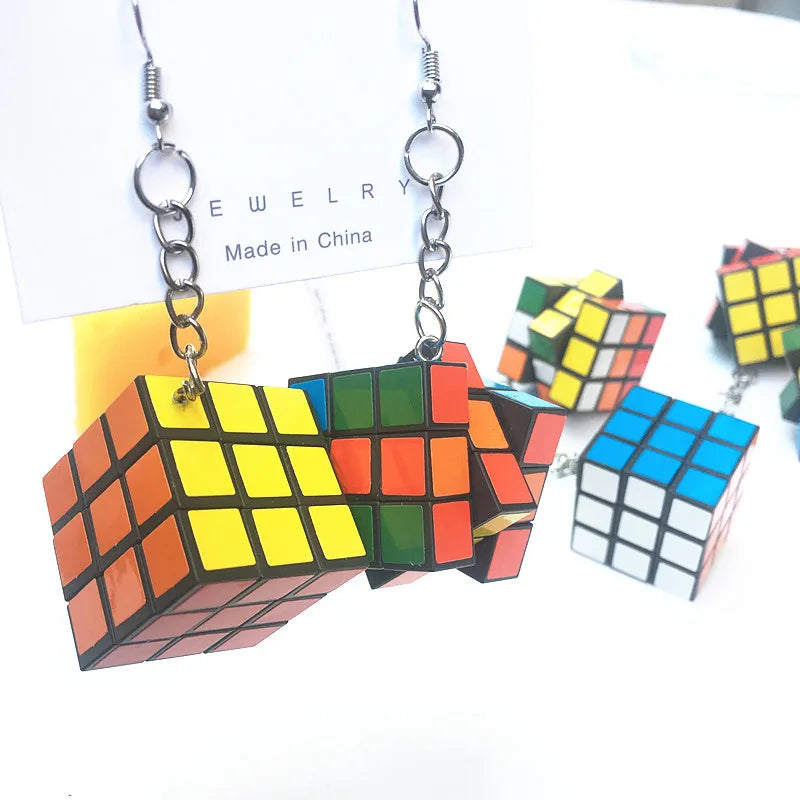 Donarsei Funny Resin 3D Magic Cube Drop Earrings For Women Colorful Geometric Speed Cube Dangle Earrings Novelty Jewelry