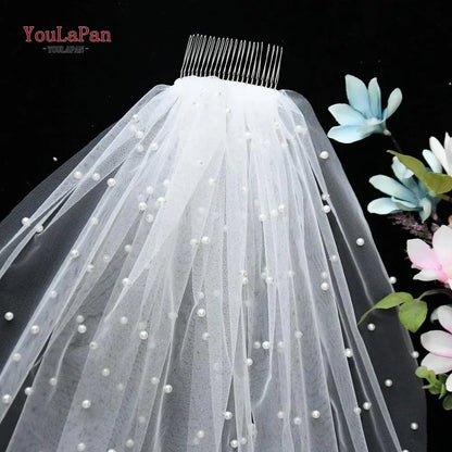 YouLaPan V05 Luxury Bridal Tulle Bridal Veil Pearl Wedding Veil with Hair Comb 1 Tier Long Wedding Veil Cathedral Wedding Veil