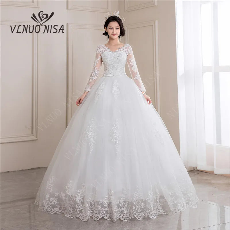 Long Sleeve Wedding Dresses 2023 V-neck Muslin Lace Wedding Gowns off white Vestido de noiva Plus size Bridal princess dress