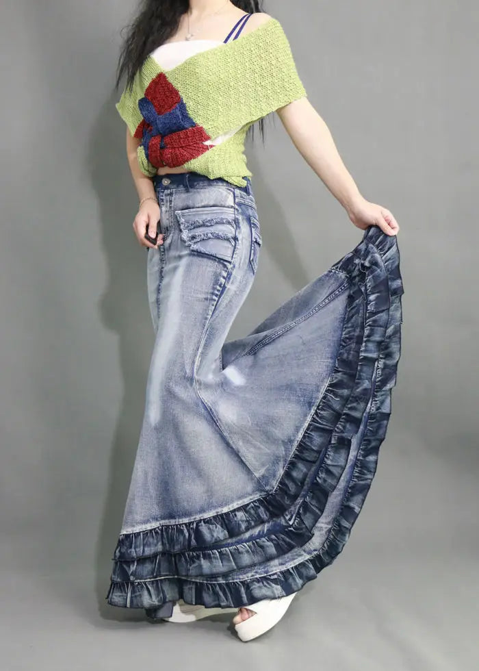 Retro Women Jeans Skirt Curve Beauty Cake Big Swing High Waisted Fishtail Skirts Slim Package Hip Mermaid Denim Long Maxi Skirts