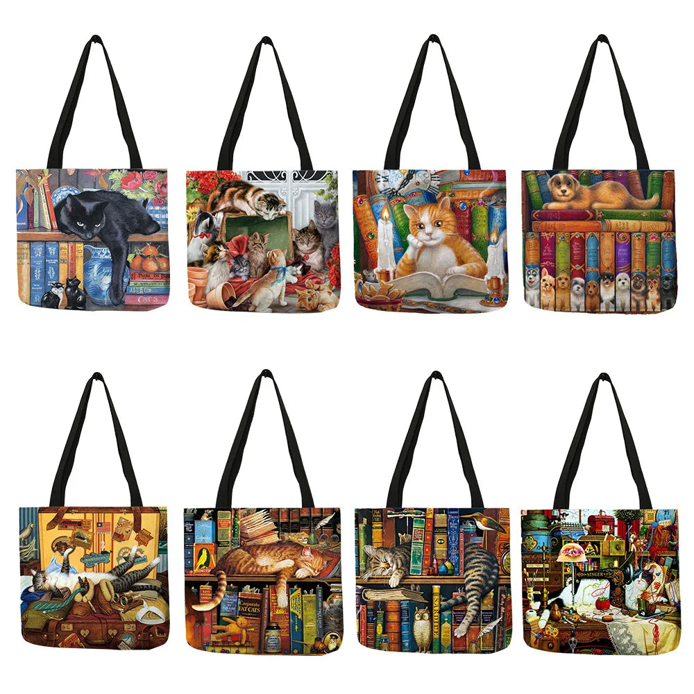 Customize Oil Painting Cat Print Womens Designer Tote Bags Linen Reusable Shopping Bag For Groceries Shoulder Bags for Lady 2020, handbag tote