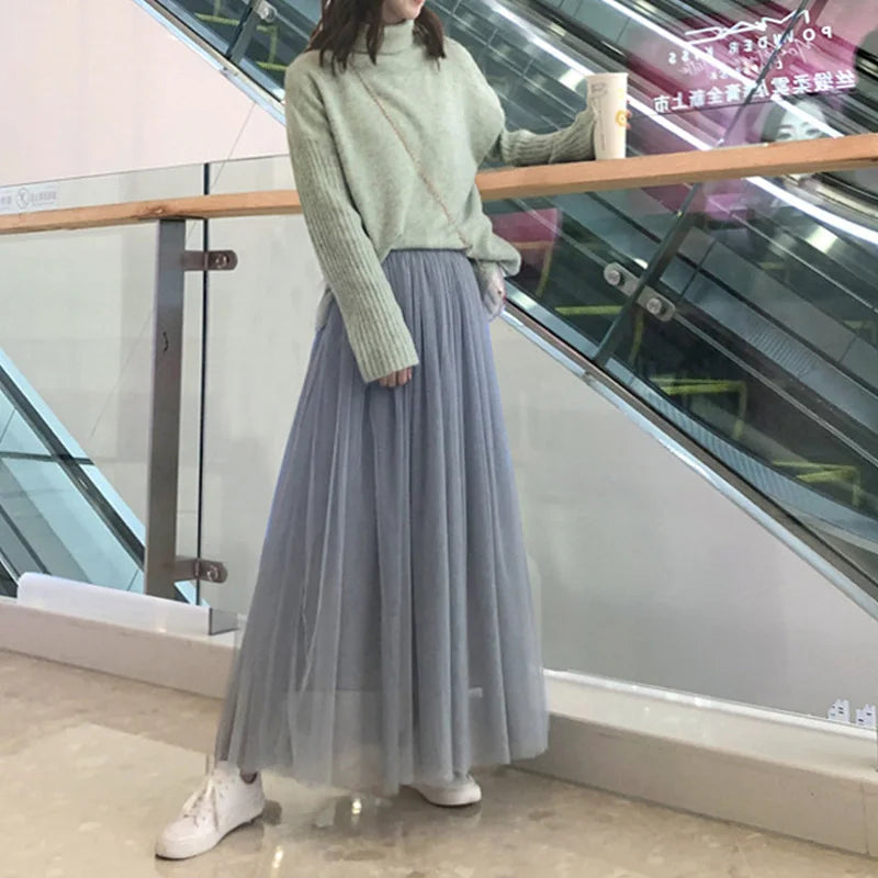 OHRYIYIE Autumn Winter Vintage Maxi Long Tulle Skirt Women Summer High Waist Mesh Skirts Pleated Tutu Skirt Female Jupe Longue