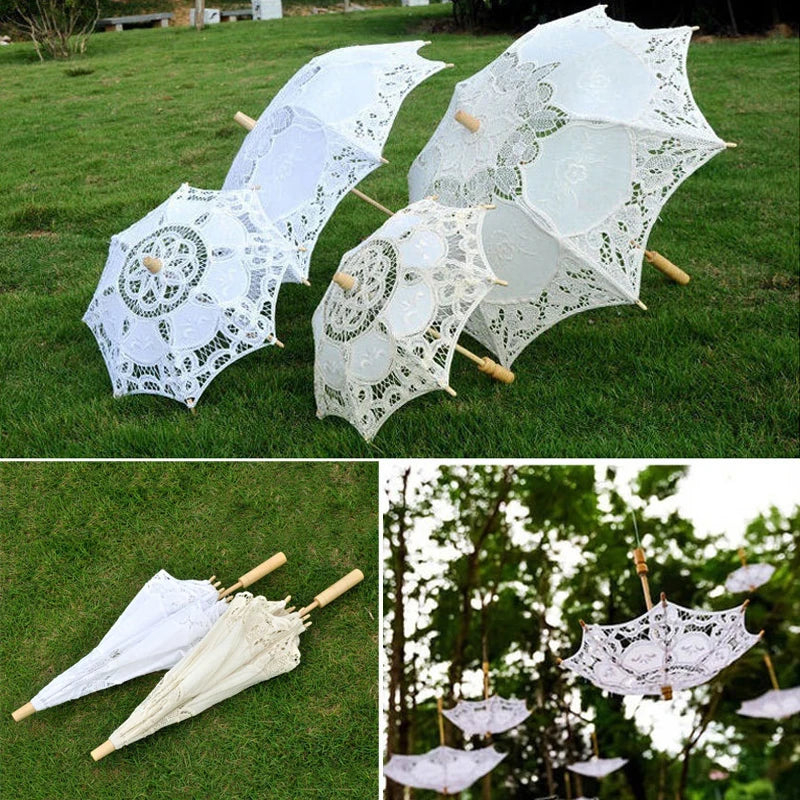 New Wedding Lace Umbrella Cotton Embroidery Bridal Umbrella White Beige Parasol Sun Umbrella For Wedding Decoration Photography