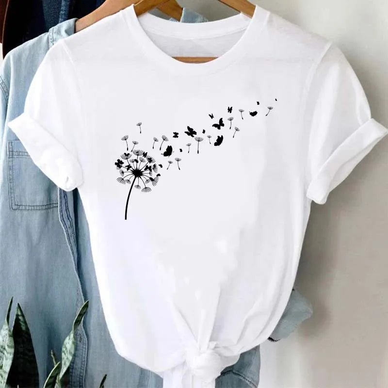 Maycaur Women Graphic Cartoon Dandelion Print T Shirt Short Sleeve Ladies Print Clothes Lady Tees Tops Female Womens T Shirt