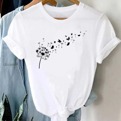 Maycaur Women Graphic Cartoon Dandelion Print T Shirt Short Sleeve Ladies Print Clothes Lady Tees Tops Female Womens T Shirt