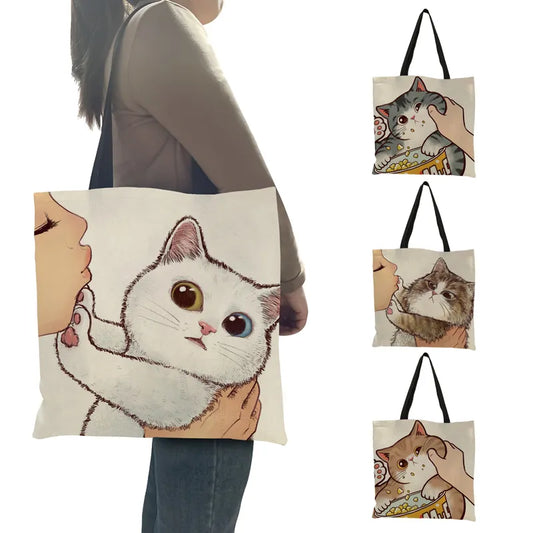 Kissing Cat Print Leisure Tote Bag Women Ladies Reusable Shopping Bag Outdoor Beach Bag Totes Teenager Girls School Bookbag