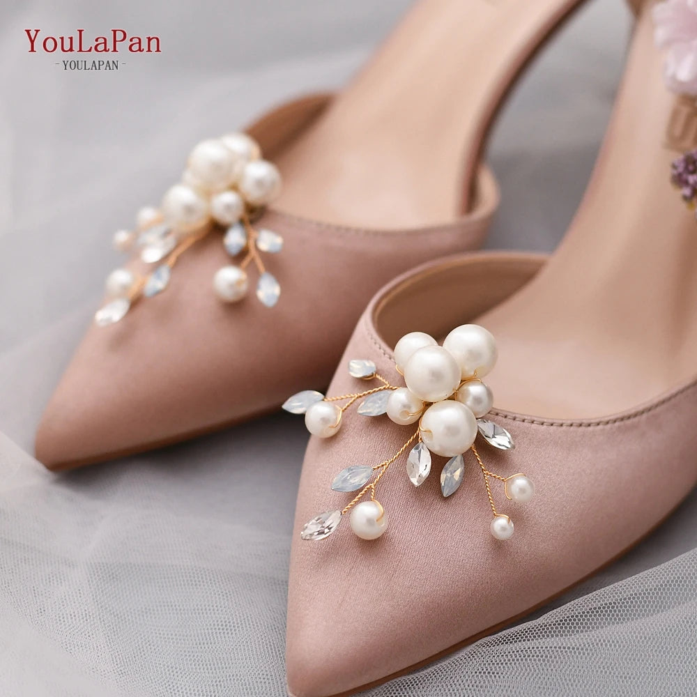 YouLaPan 2pcs/lot Removable Bride High Heel Clip Rhinestone Wedding Shoes Buckle Women Decoration Pearls Floral Bead Shoe Clips