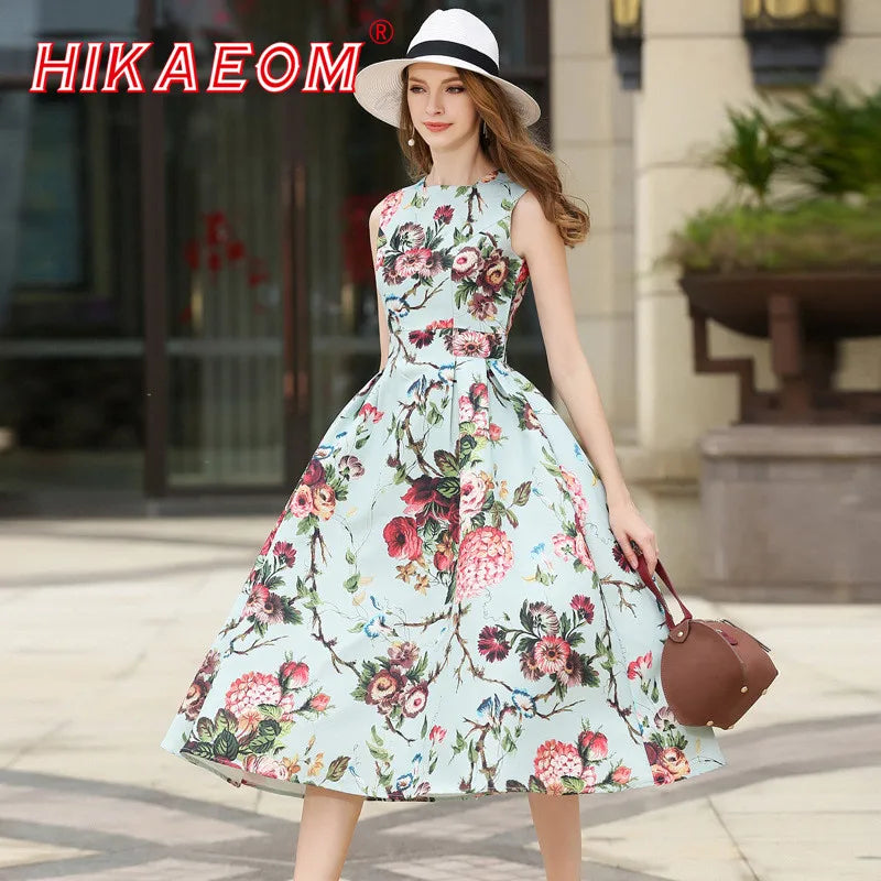 Autumn Sleeveless Floral Print Long Dress Elegant O Neck Rushed Pleated Large Swing Flower Beach Sexy Long Dress Female Vestidos