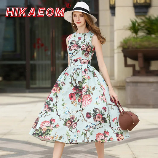 Autumn Sleeveless Floral Print Long Dress Elegant O Neck Rushed Pleated Large Swing Flower Beach Sexy Long Dress Female Vestidos