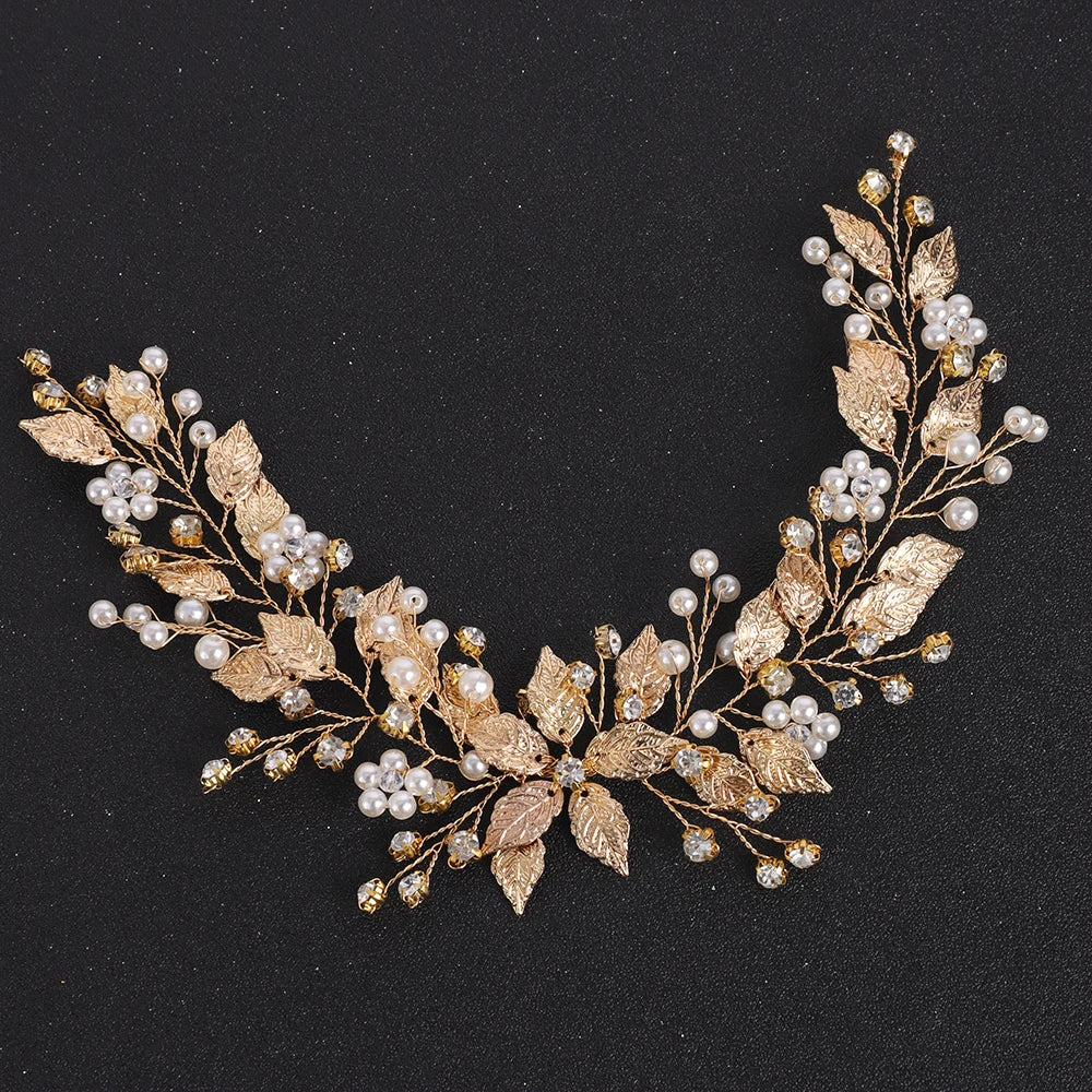 Gold Leaves Crystal Pearls Bride Headband Rhinestone Hair Ornaments Women Headpieces Flower Decor Wedding Hair Accessories