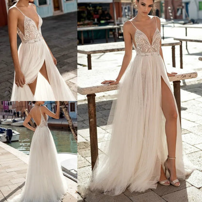 Beach Tulle Wedding Dresses Boho 2024 Side Split Spaghetti Sexy Illusion Boho A-Line Pearls Backless Bohemian Vestido De Noiva