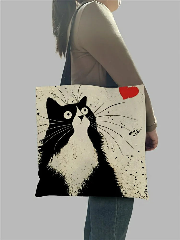 Customized Tote Shopping Bag Cute Cat Printing Women Handbag Linen Totes with Print Logo Casual Traveling Beach Bags handbag tote