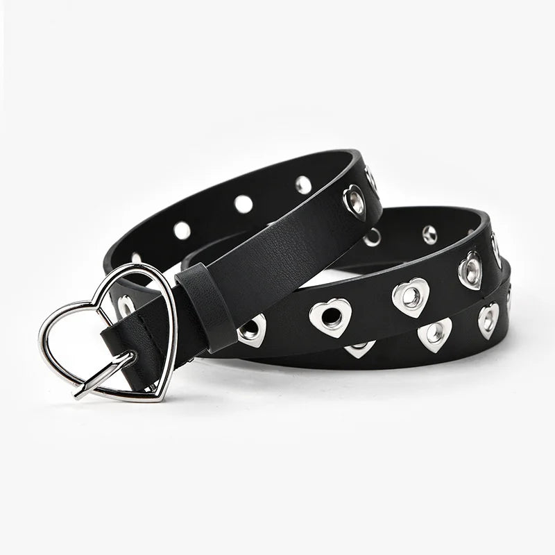 Women Belt Fashion Leather Punk Belt With Adjustable Love Heart Holes Luxury Designer Buckle Belt For Dress Jeans Cool