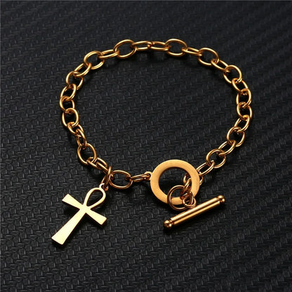 Stainless Steel Chain Ankh Charm Bracelet For Women Men Cross OT Buckle Toggle Bracelet Egyptian Jewelry