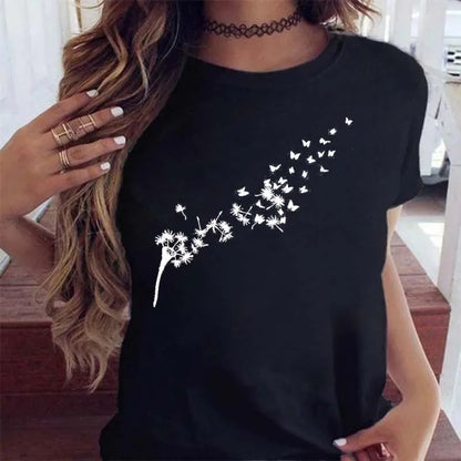 Maycaur Women Graphic Cartoon Dandelion Print T Shirt Short Sleeve Ladies Print Clothes Lady Tees Tops Female Womens T Shirt