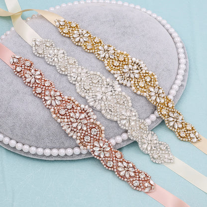 NZUK Silver Gold/Rose Gold Rhinestone Wedding Dress Belt  Crystal Wedding Belts Satin Wedding Accessories Bridal Ribbon Belts