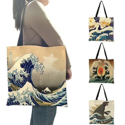 Japanese Ukiyoe Series Shoulder Bag  Women Tote Handbags Classic Sea Wave Print  Tote Bags Girls Shopping Bag B06129