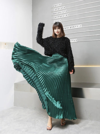 2023 Vintage Silver black skirt  metal solid flared  Maxi Skirt Beach Long Pleated Skirts High waist female quality women saia