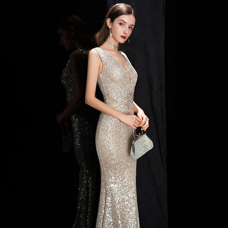 DEERVEADO Elegant V Neck Sequin Evening Dress Long 2023 New Women Mermaid Formal Dress Party Gown Bodycon Maxi Prom Dress