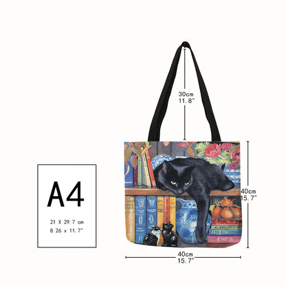 Customize Oil Painting Cat Print Womens Designer Tote Bags Linen Reusable Shopping Bag For Groceries Shoulder Bags for Lady 2020, handbag tote