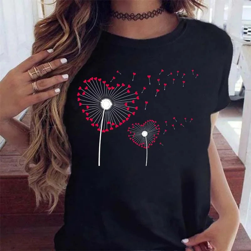 Maycaur Women Graphic Cartoon Dandelion Print T Shirt Short Sleeve Ladies Print Clothes Lady Tees Tops Female Womens T Shirt