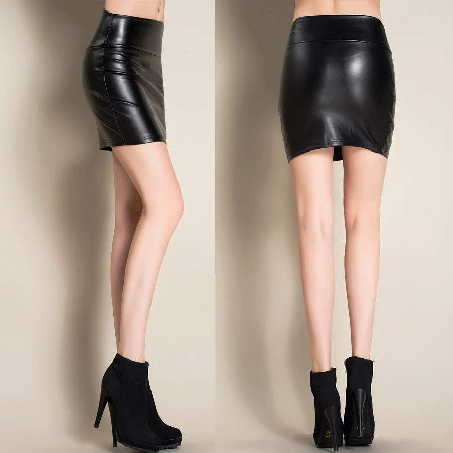 Women Mini Faux Leather Solid Pencil Skirts High Waist PU Skirts Slim Short Skirt Bottoms Female