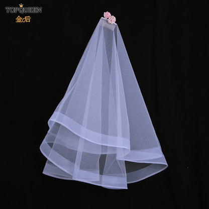 TOPQUEEN V69 Wedding Veil Fingertip Veil Two Tier Minimalist Bride Veil with Blusher Bridal Veils with Comb Dress Veil for Bride