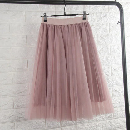 TingYiLi 4 Layers Tulle Skirts Womens Black Gray White Adult Tulle Skirt Elastic High Waist Pleated Midi Skirt