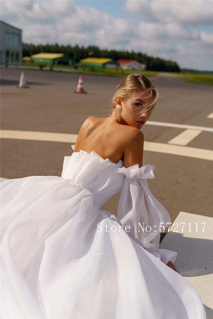 Strapless Ruched Bodice Ball Gowns 2080 Organza Wedding Dress with Detachable Long Sleeves Empire Bridal Gowns