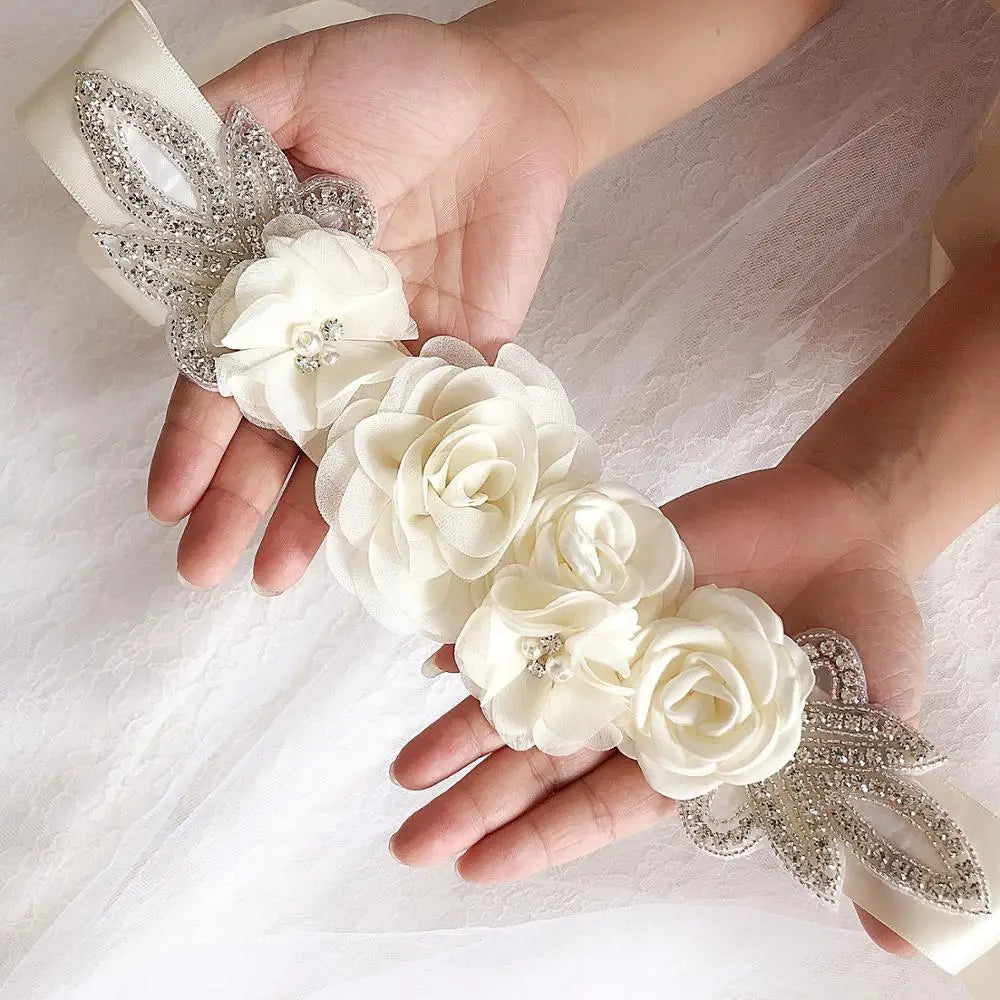 Hot sale wedding belt silk rose belt bridal pearl rhinestone flower belt bridal dress beaded handmade rose wedding belt