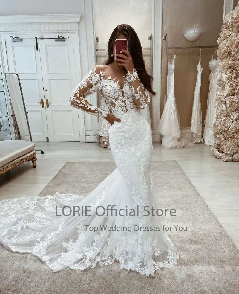 LORIE Boho Wedding Dresses Mermaid Lace Long Sleeves Wedding Gown Vintage White Ivory Custom Made Luxury Bridal Dress 2021