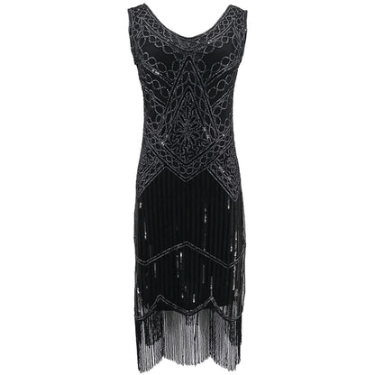 Women Party Dress Robe Charleston 1920s Great Gatsby Flapper Sequin Fringe Midi Dress Vestido Summer Retro Black Dress