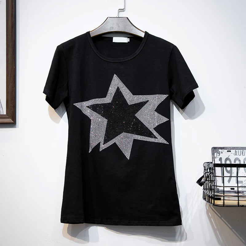 New 2022 summer cotton short sleeve T-shirt Black All-match leisure Pullovers Stars pattern hot Diamonds clothes for women tops