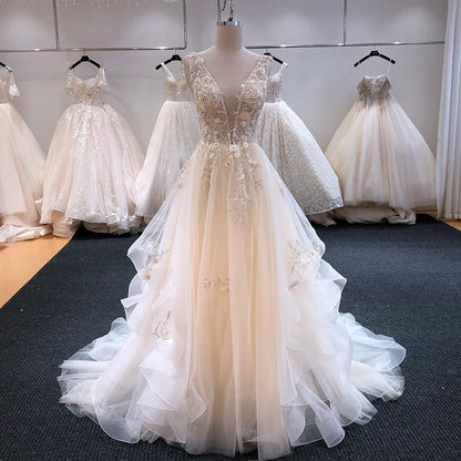 SL-6254 Gorgeous Appliques Court Train A-Line V-neck Wedding Dresses Luxury Beaded Backless Bridal Gown vestido de noiva