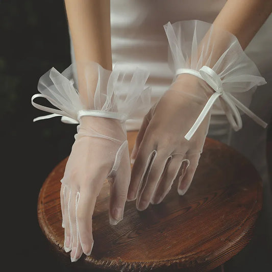 WG020 Elegant Wedding Bridal Short White Gloves Breathable Tulle Ribbon Bow Brides Bridesmaid Women Pageant Prom Handschuh