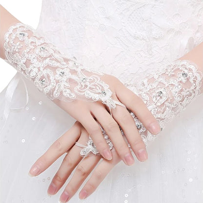 Bridal Gloves Elegant Short White Lace Rhinestone Women's Fingerless Gloves Wedding Accessories