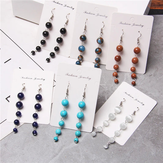 Natural Stone Long Earrings for Women Cat Eye Stone Drop Earrings Round Beads Dangler Pendent Ball Earring Female Jewelry Gifts